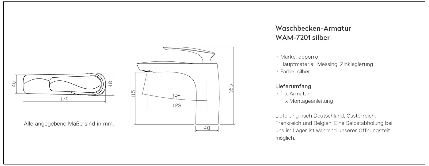 Bad Armatur Silber Einhebelmischer Wasserhahn Messing verchromt